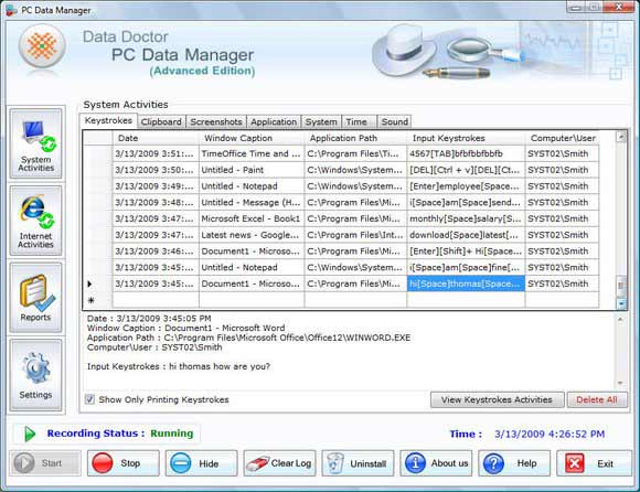 Screenshot of Computer Monitor Keylogger Software