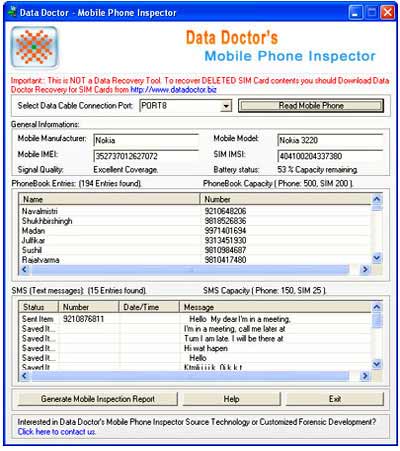 Screenshot of Mobile Phone Investigation Software