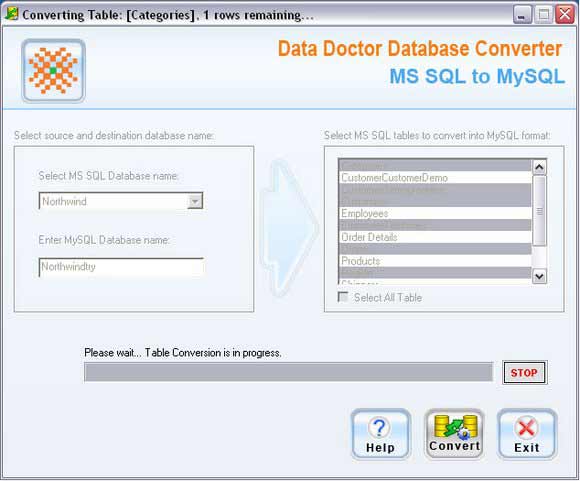 Screenshot of MSSQL DB to MySQL Migrator
