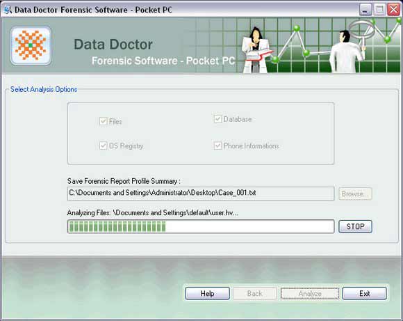 Screenshot of PDA Investigation software