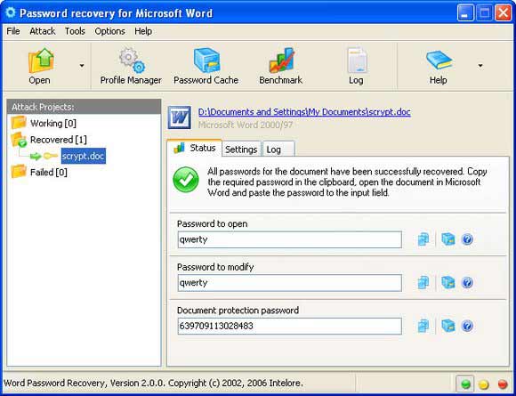 Screenshot of MS Word Document Password Recovery