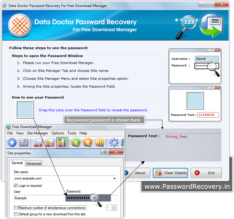 Password Recovery. File Recovery app Manager. Password Recovery logo. Password field